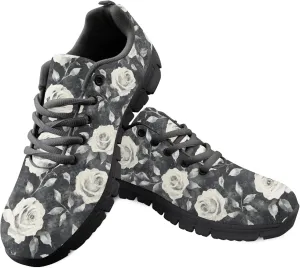 Rose Floral Garden Black Womens Running Sneakers Athletic Sports Shoes Non Slip Tennis Shoes for Adults Girls Size US 6
