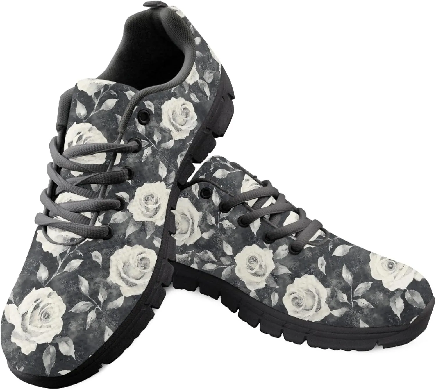 Rose Floral Garden Black Womens Running Sneakers Athletic Sports Shoes Non Slip Tennis Shoes for Adults Girls Size US 6