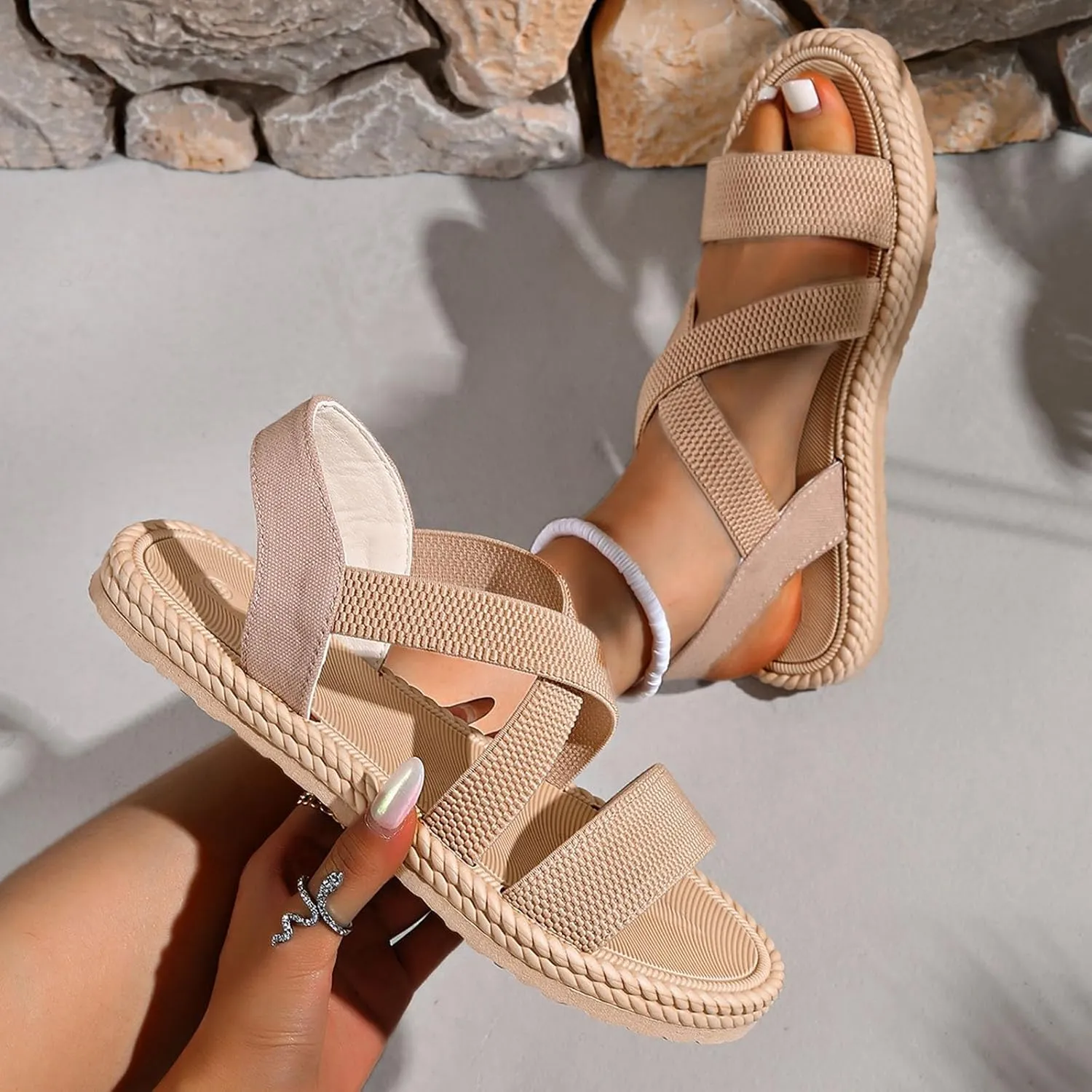 Sandals for Women Summer Beach Boho Sandals Dressy Low Wedge Sandal Elastic Ankle Strap Sandal Casual Walking Shoes