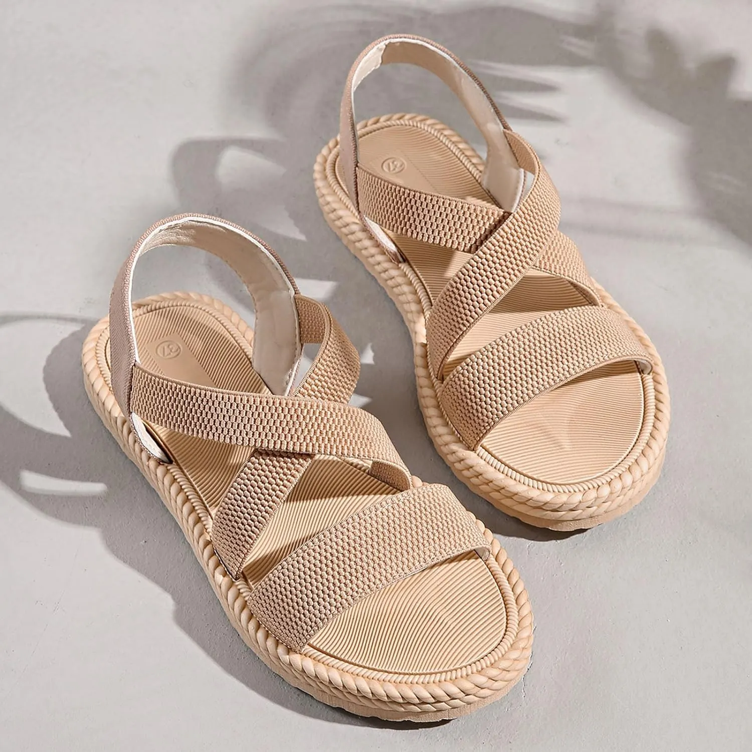 Sandals for Women Summer Beach Boho Sandals Dressy Low Wedge Sandal Elastic Ankle Strap Sandal Casual Walking Shoes