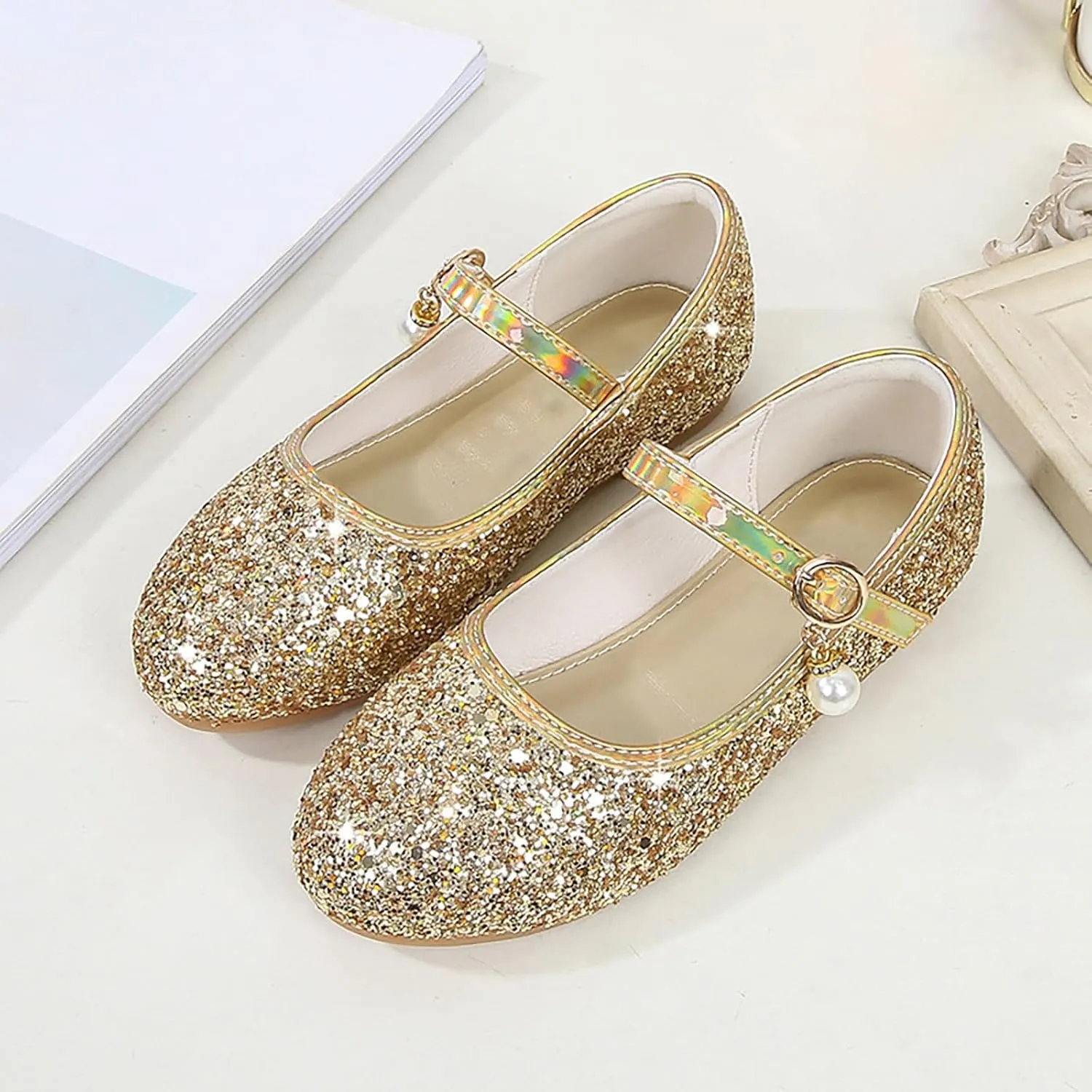Sequins Ankle Sandals for Toddler Girls Pearl Strap Glitter Closed Toe Loafers Dance Shoes Fancy Pageant Shoes