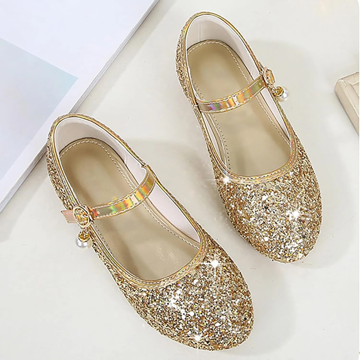 Sequins Ankle Sandals for Toddler Girls Pearl Strap Glitter Closed Toe Loafers Dance Shoes Fancy Pageant Shoes