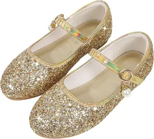 Sequins Ankle Sandals for Toddler Girls Pearl Strap Glitter Closed Toe Loafers Dance Shoes Fancy Pageant Shoes