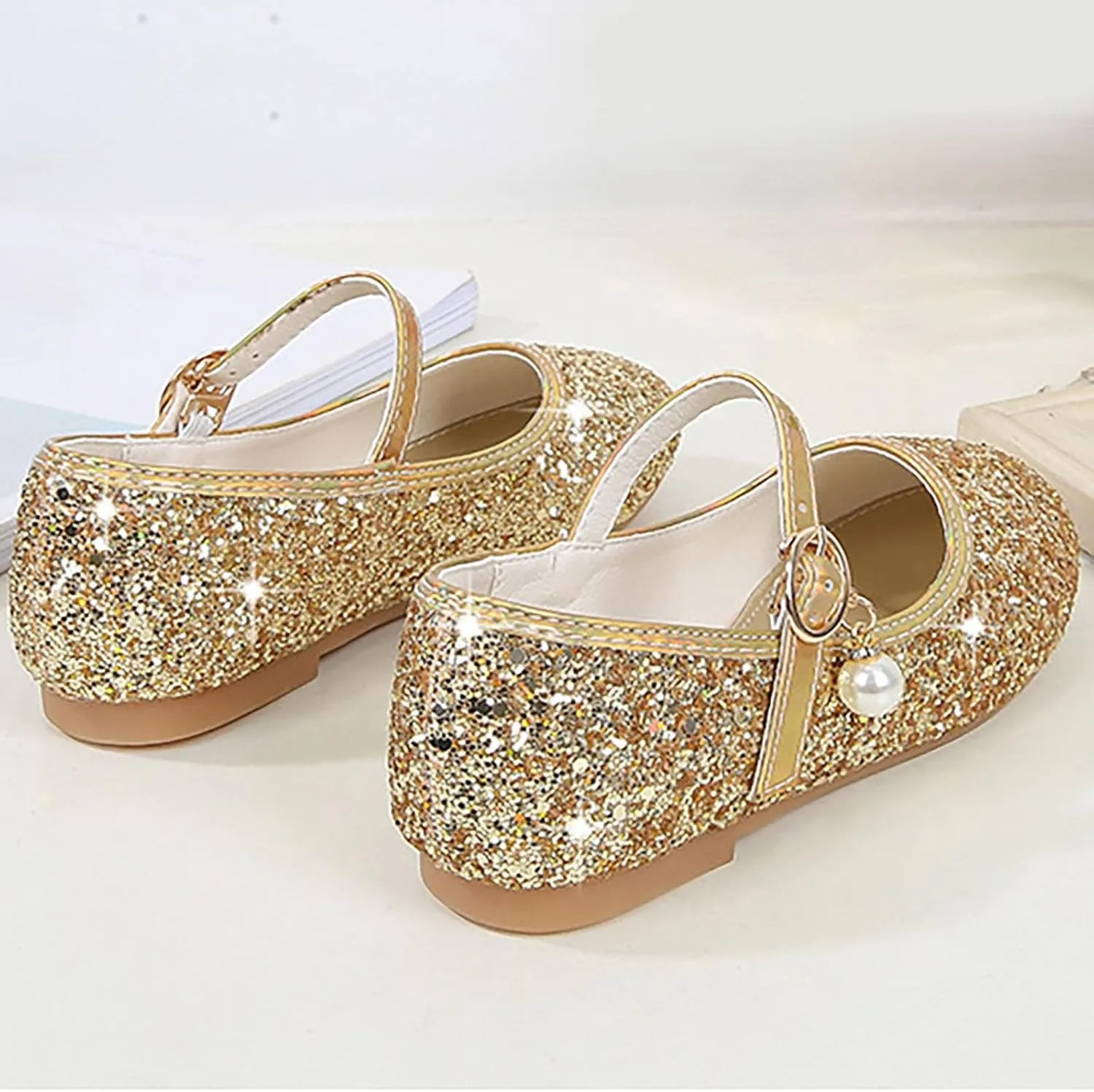 Sequins Ankle Sandals for Toddler Girls Pearl Strap Glitter Closed Toe Loafers Dance Shoes Fancy Pageant Shoes