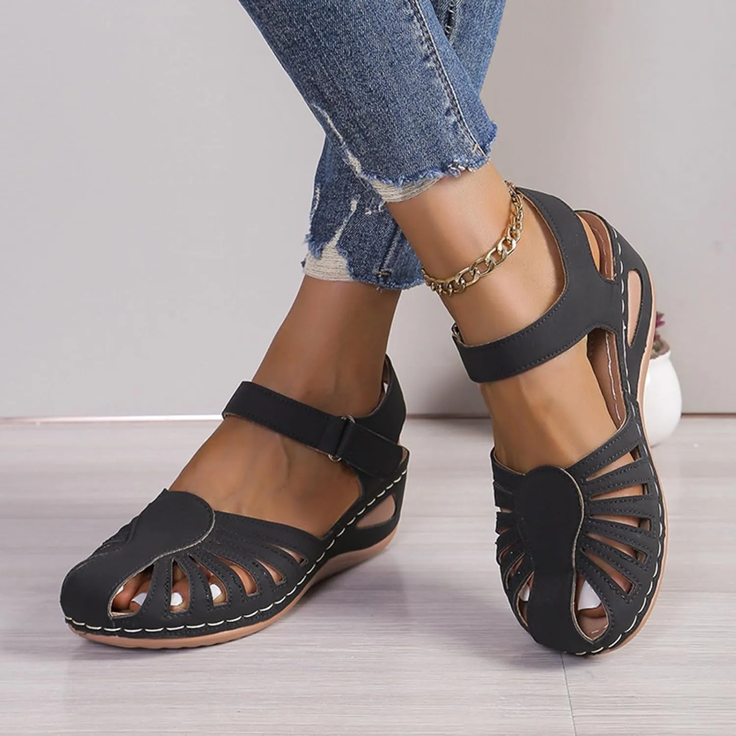 Summer Wedges for Women 2025 with Arch Support Close Toe Orthopedic Sandals Hollow Out Slip On Beach Sandals Adjustable Buckle Orthotic Shoes