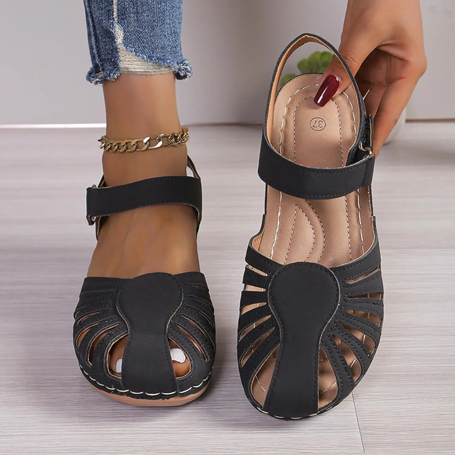 Summer Wedges for Women 2025 with Arch Support Close Toe Orthopedic Sandals Hollow Out Slip On Beach Sandals Adjustable Buckle Orthotic Shoes