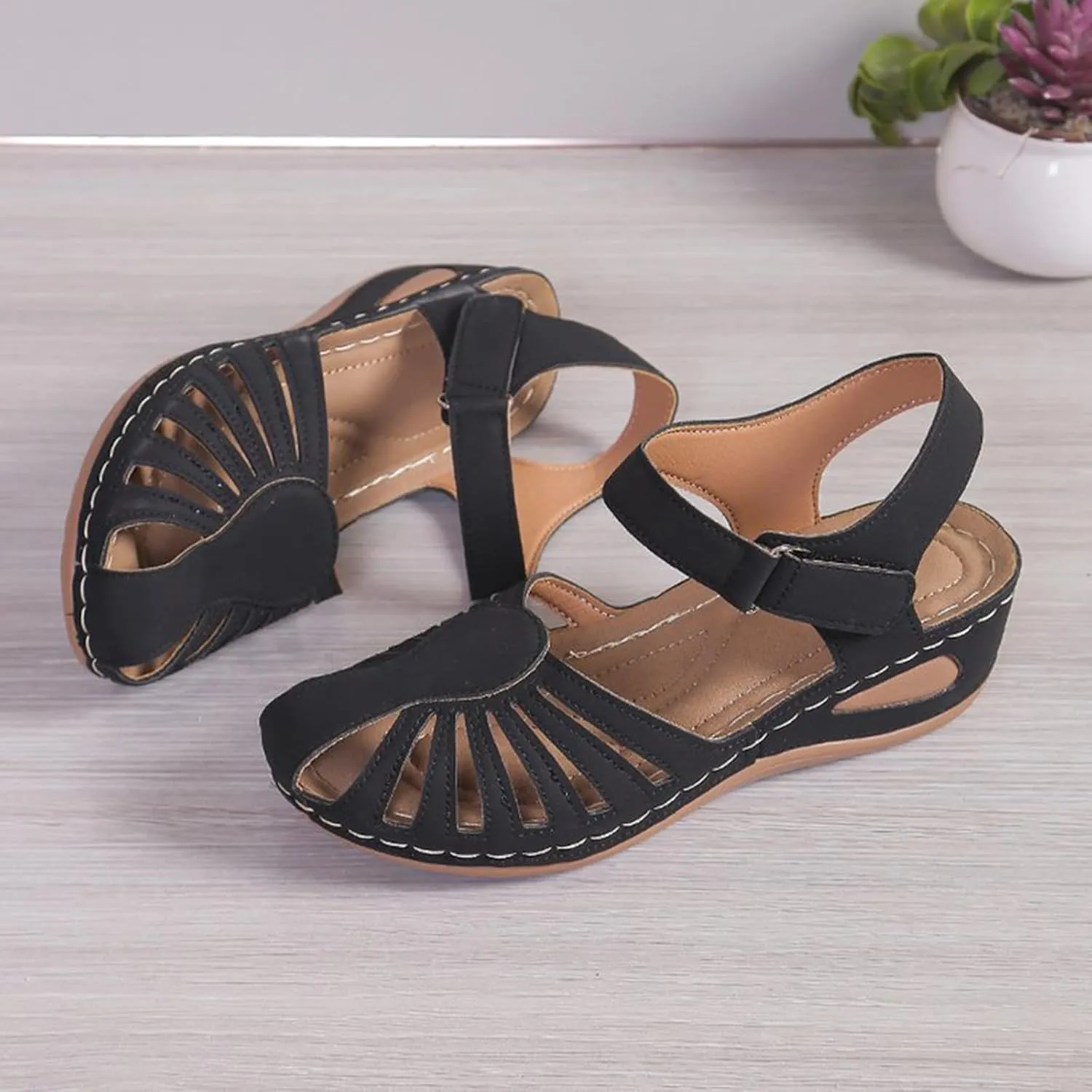 Summer Wedges for Women 2025 with Arch Support Close Toe Orthopedic Sandals Hollow Out Slip On Beach Sandals Adjustable Buckle Orthotic Shoes
