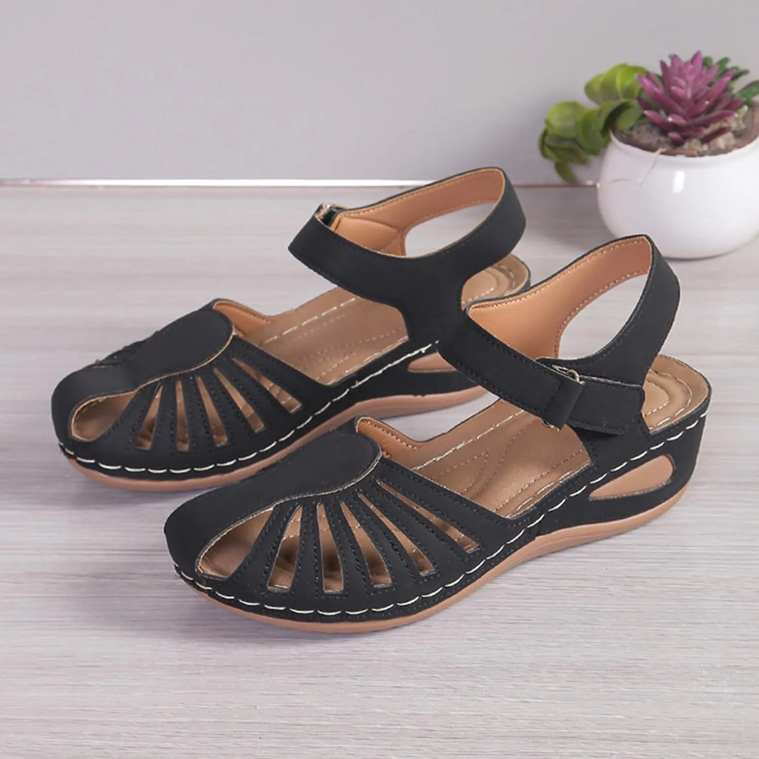 Summer Wedges for Women 2025 with Arch Support Close Toe Orthopedic Sandals Hollow Out Slip On Beach Sandals Adjustable Buckle Orthotic Shoes