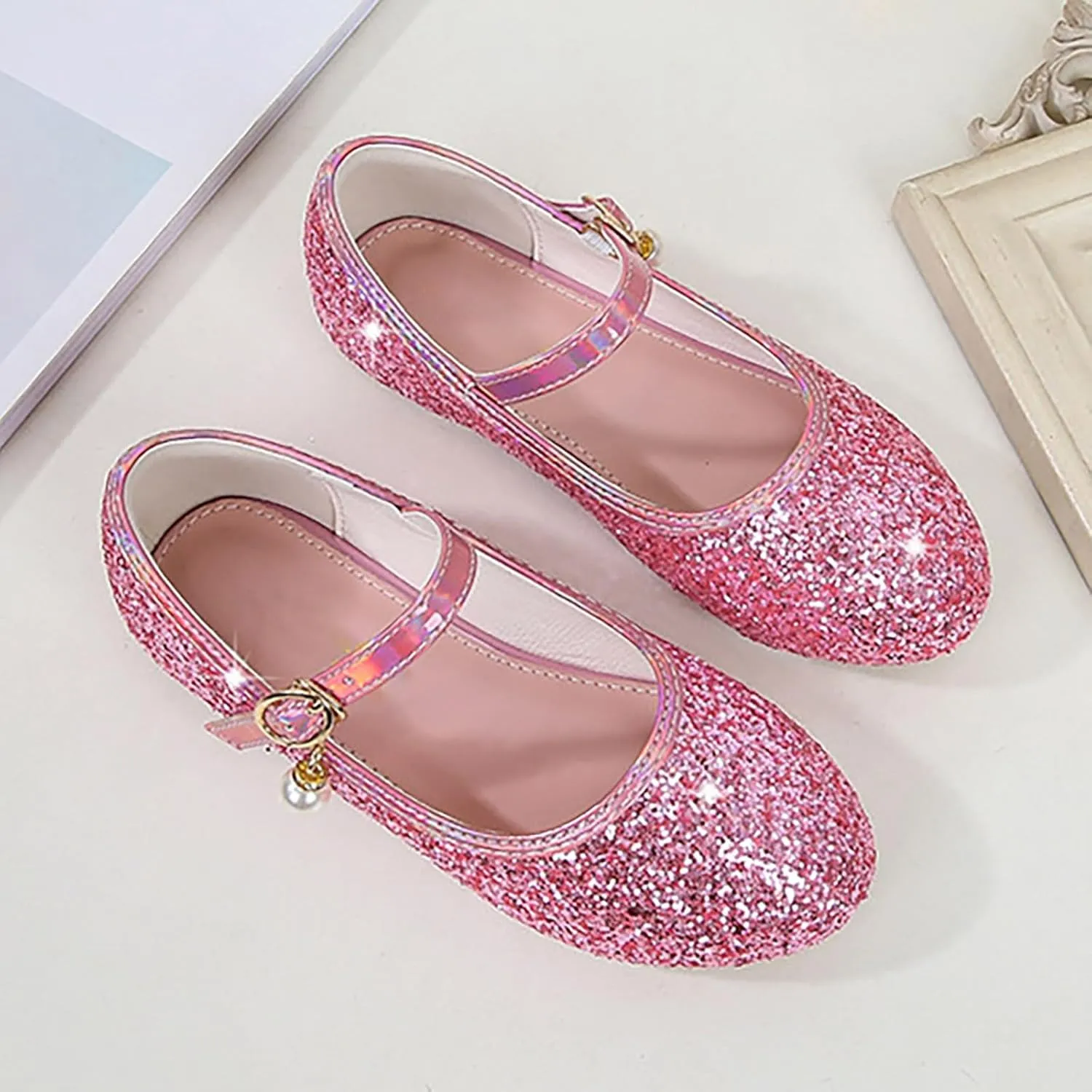 Toddler Girls Dress Shoes Glitter Flower Lw Heels Wedding Part Prom Marry Jane Shoes Ankle Strap Sandal