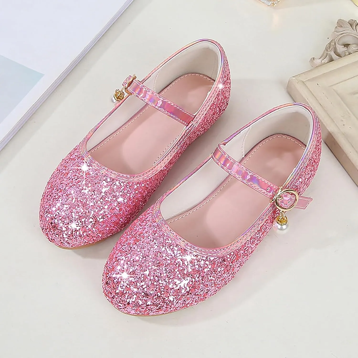 Toddler Girls Dress Shoes Glitter Flower Lw Heels Wedding Part Prom Marry Jane Shoes Ankle Strap Sandal