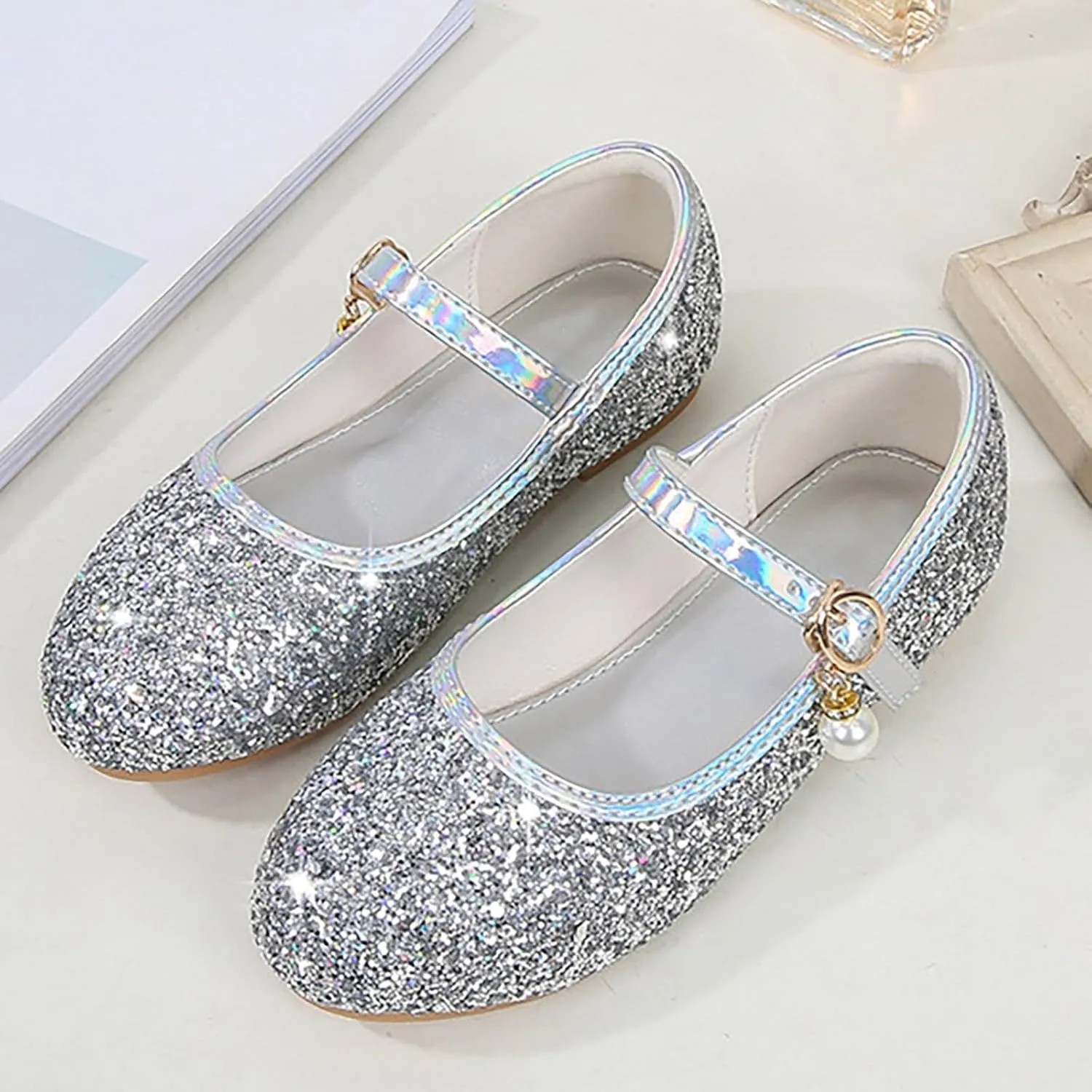 Toddler Girls Dress Shoes Glitter Flower Lw Heels Wedding Part Prom Marry Jane Shoes Ankle Strap Sandal