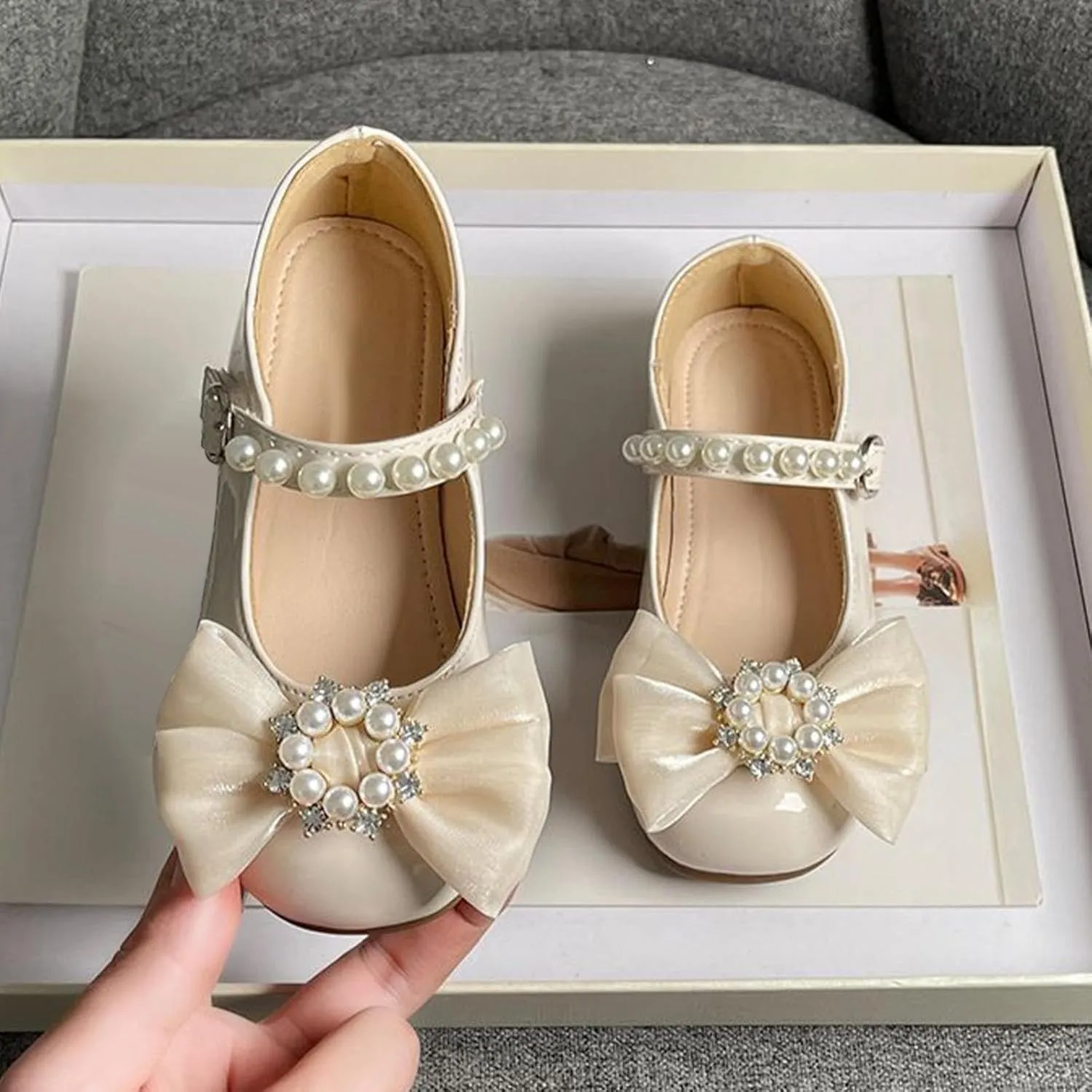 Toddler Girls Dress Shoes with Pearls Bow Mary Jane Flats Flower Girl Shoes for Wedding Party Shoes Ballet Shoes