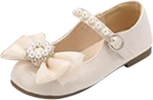 Toddler Girls Dress Shoes with Pearls Bow Mary Jane Flats Flower Girl Shoes for Wedding Party Shoes Ballet Shoes