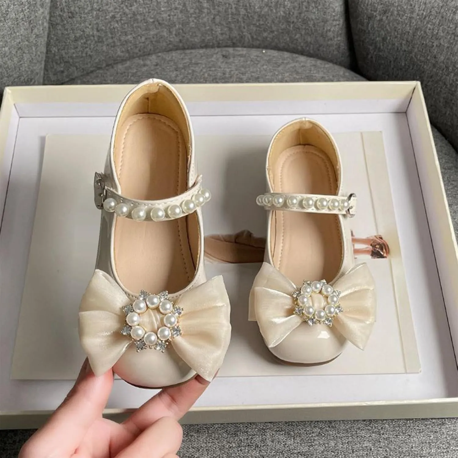 Toddler Girls Dress Shoes with Pearls Bow Mary Jane Flats Flower Girl Shoes for Wedding Party Shoes Ballet Shoes
