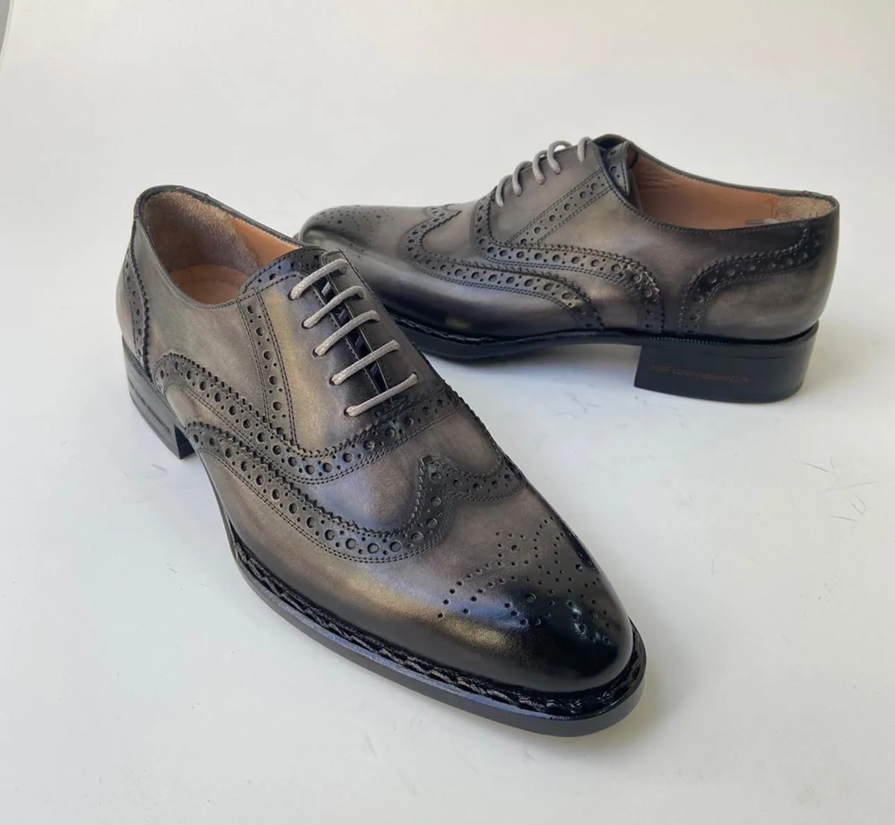 Tucci Di Lusso Mens Two Tone Gray and Black Handmade Italian Leather Luxury Lace-ups Oxford Dress shoes