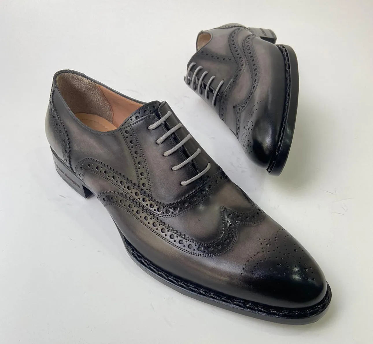 Tucci Di Lusso Mens Two Tone Gray and Black Handmade Italian Leather Luxury Lace-ups Oxford Dress shoes