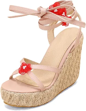 VARECOLA Wedge Sandals For Women Platform Espadrilles High Heels Straw Woven Ankle Strap Open Toe Summer Dress Shoes