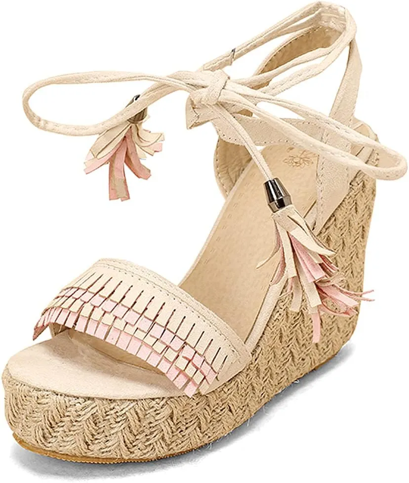 VARECOLA Wedge Sandals For Women Platform Espadrilles High Heels Straw Woven Ankle Strap Open Toe Summer Dress Shoes