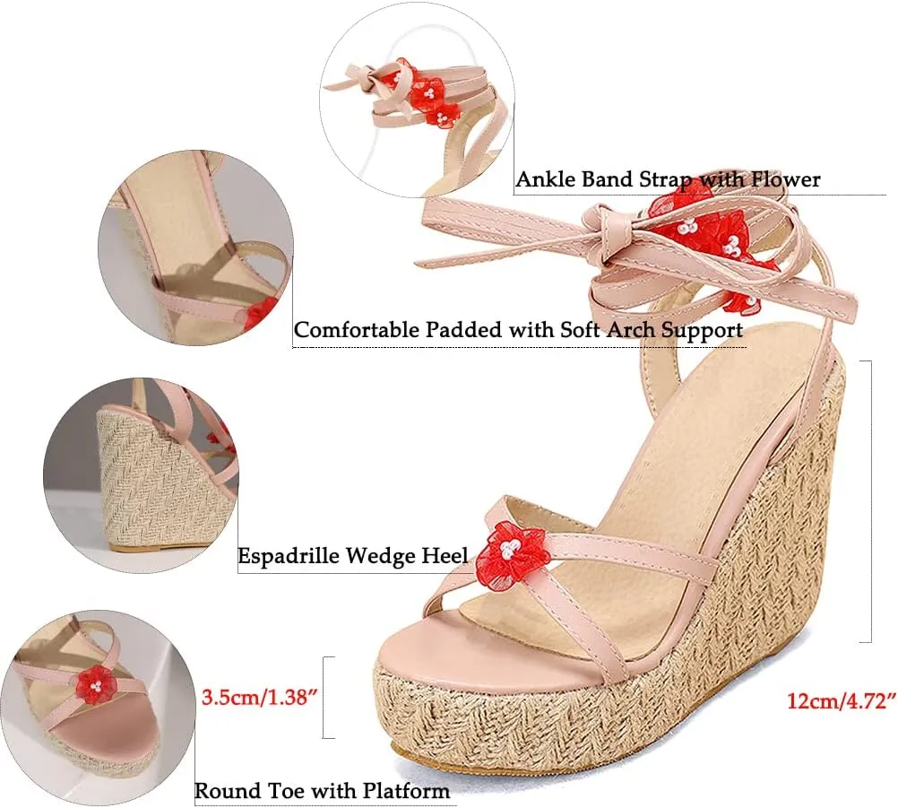 VARECOLA Wedge Sandals For Women Platform Espadrilles High Heels Straw Woven Ankle Strap Open Toe Summer Dress Shoes