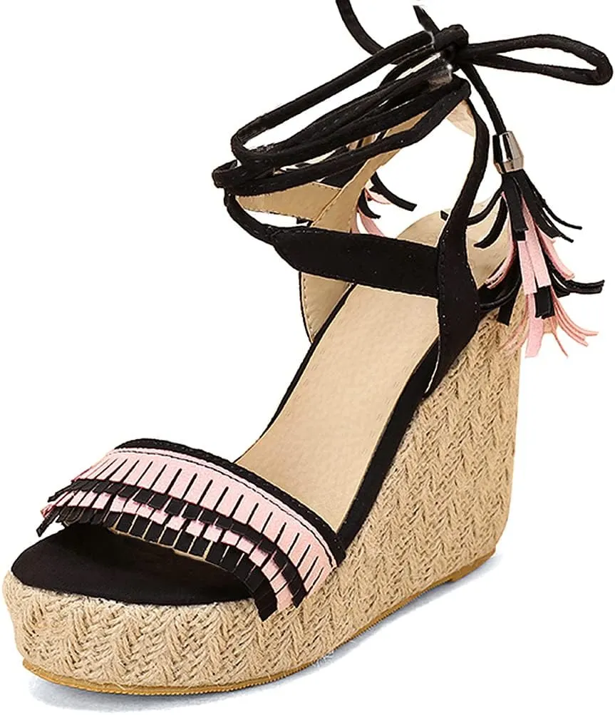 VARECOLA Wedge Sandals For Women Platform Espadrilles High Heels Straw Woven Ankle Strap Open Toe Summer Dress Shoes