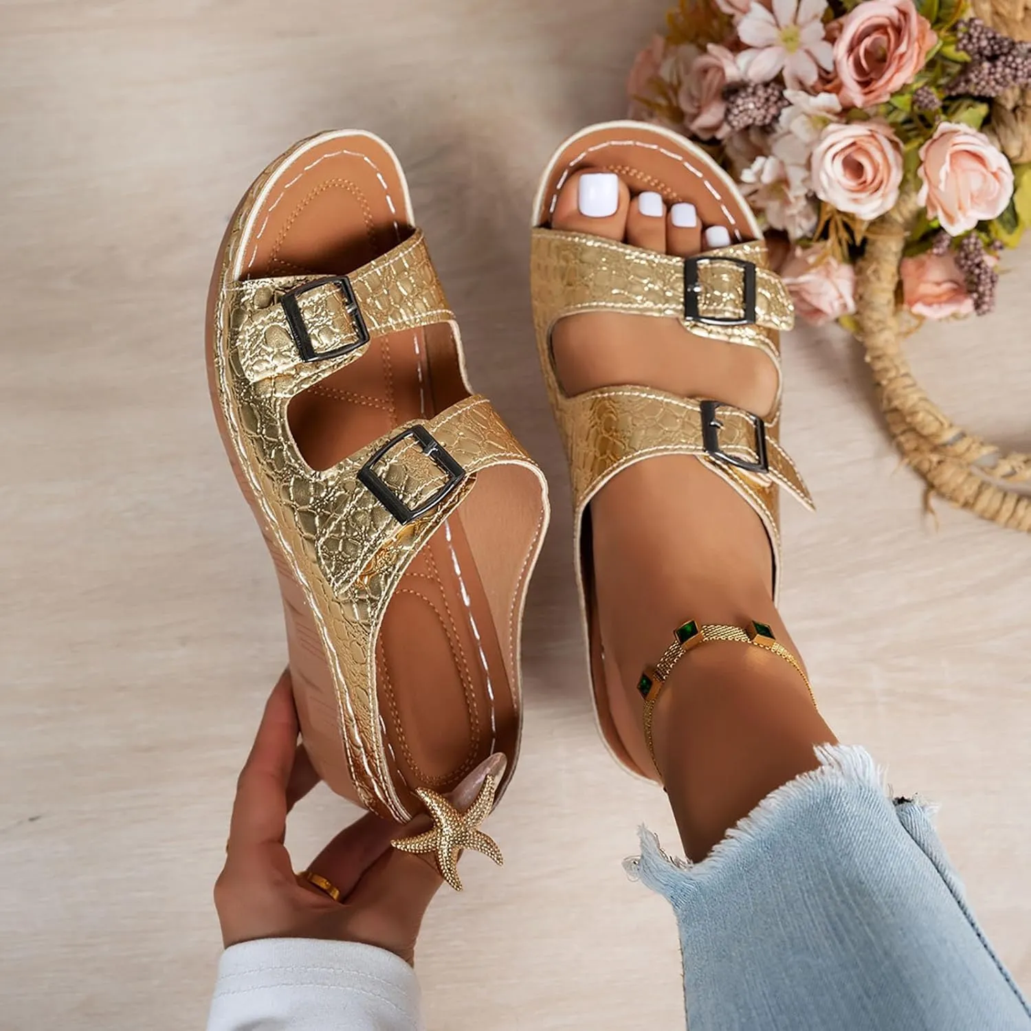 Wedge Sandals for Women Dressy 2025 Summer Casual Orthopedic Open Toe Hollow Out Two Strap Comfortable Walking Platform Sandals Slip On Backless Mules Beach Walking Shoes