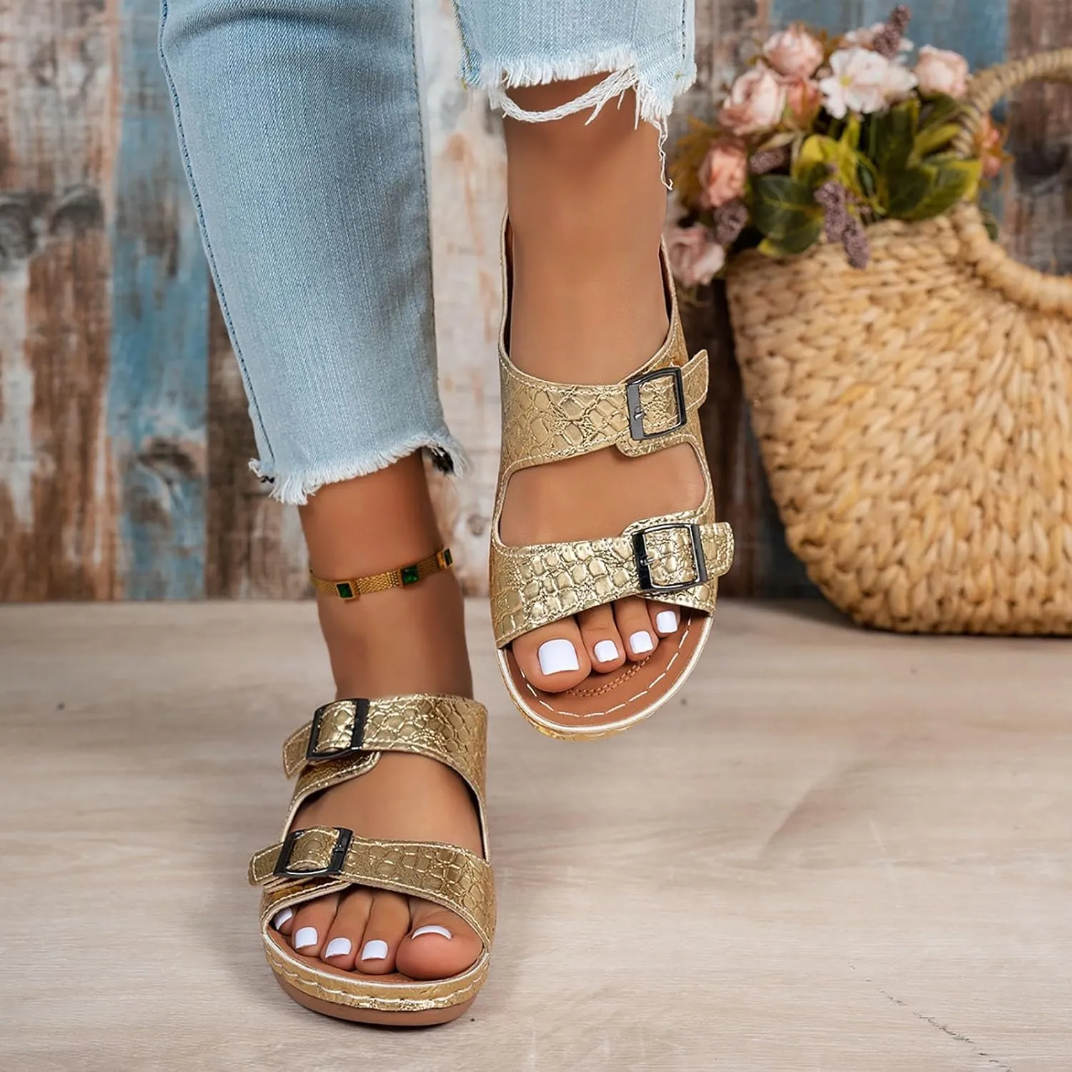 Wedge Sandals for Women Dressy 2025 Summer Casual Orthopedic Open Toe Hollow Out Two Strap Comfortable Walking Platform Sandals Slip On Backless Mules Beach Walking Shoes