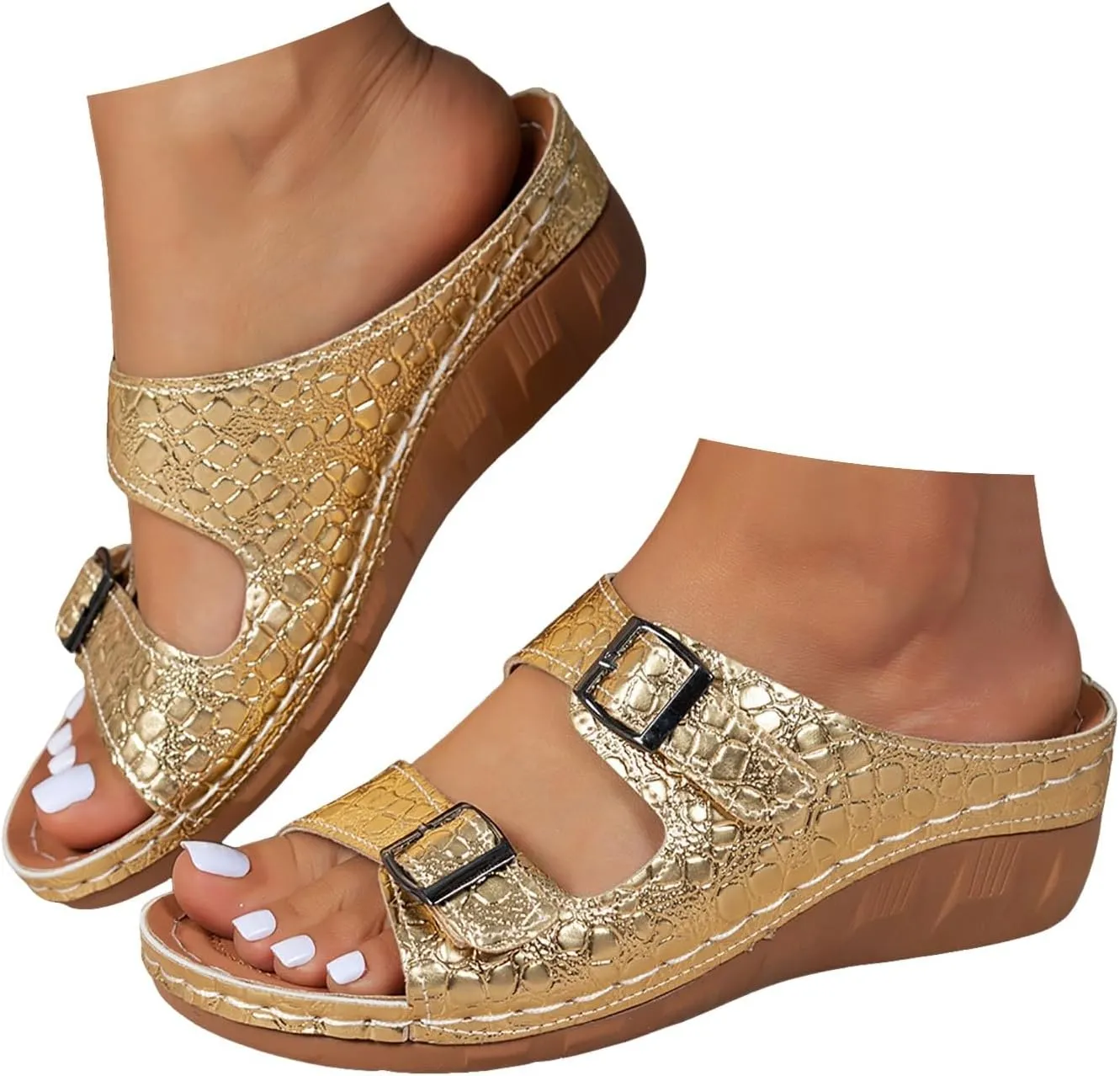 Wedge Sandals for Women Dressy 2025 Summer Casual Orthopedic Open Toe Hollow Out Two Strap Comfortable Walking Platform Sandals Slip On Backless Mules Beach Walking Shoes