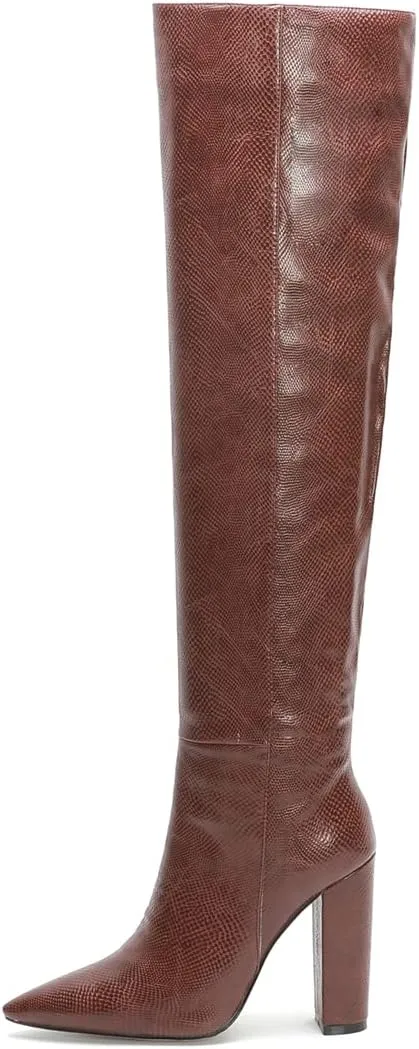 Women Block Heel Pointed Toe Dress Boots Knee High Vegan Leather Shoes Thigh High Chunky Heel Boot