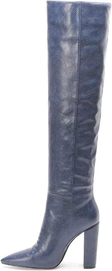 Women Block Heel Pointed Toe Dress Boots Knee High Vegan Leather Shoes Thigh High Chunky Heel Boot