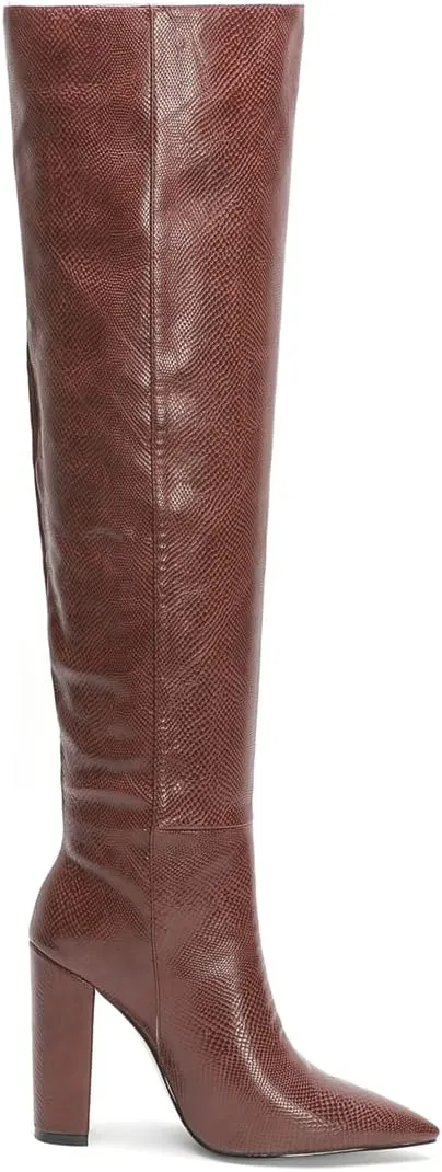 Women Block Heel Pointed Toe Dress Boots Knee High Vegan Leather Shoes Thigh High Chunky Heel Boot