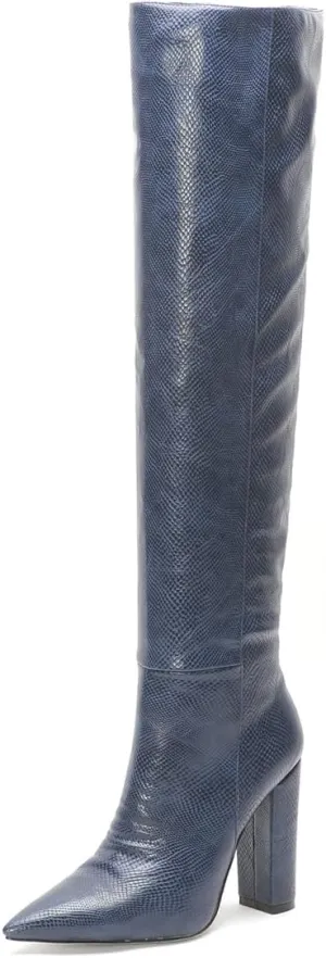 Women Block Heel Pointed Toe Dress Boots Knee High Vegan Leather Shoes Thigh High Chunky Heel Boot