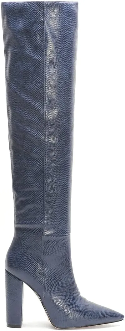 Women Block Heel Pointed Toe Dress Boots Knee High Vegan Leather Shoes Thigh High Chunky Heel Boot