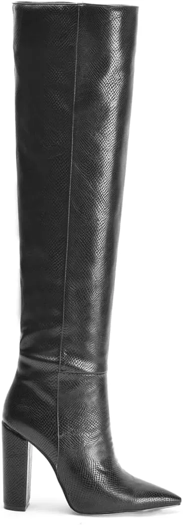 Women Block Heel Pointed Toe Dress Boots Knee High Vegan Leather Shoes Thigh High Chunky Heel Boot