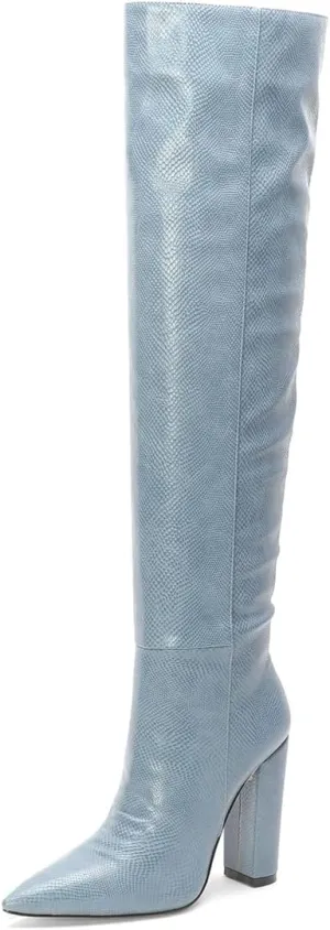 Women Block Heel Pointed Toe Dress Boots Knee High Vegan Leather Shoes Thigh High Chunky Heel Boot
