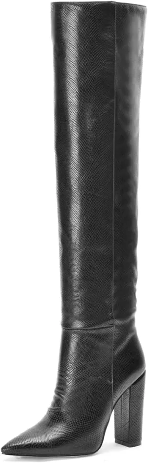 Women Block Heel Pointed Toe Dress Boots Knee High Vegan Leather Shoes Thigh High Chunky Heel Boot