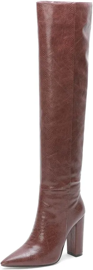 Women Block Heel Pointed Toe Dress Boots Knee High Vegan Leather Shoes Thigh High Chunky Heel Boot