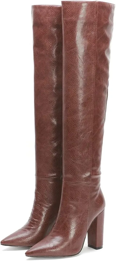 Women Block Heel Pointed Toe Dress Boots Knee High Vegan Leather Shoes Thigh High Chunky Heel Boot