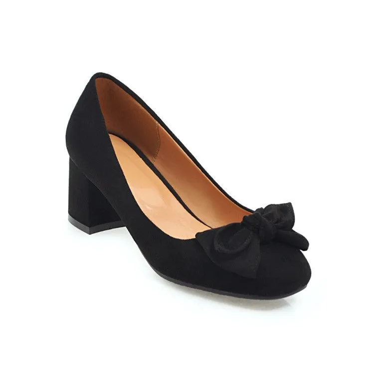 Women cute bowknot square toe slip on chunky heels