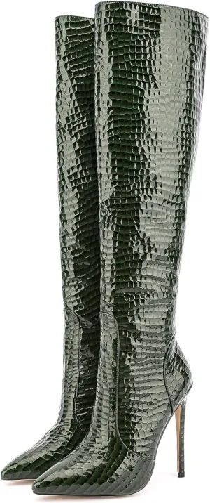 Women Fancy Patent Leather Pointed Toe Embossed Stiletto High Heeled Boots Knee High Side Zipper Boot