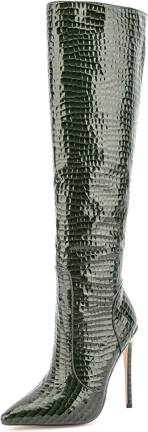 Women Fancy Patent Leather Pointed Toe Embossed Stiletto High Heeled Boots Knee High Side Zipper Boot