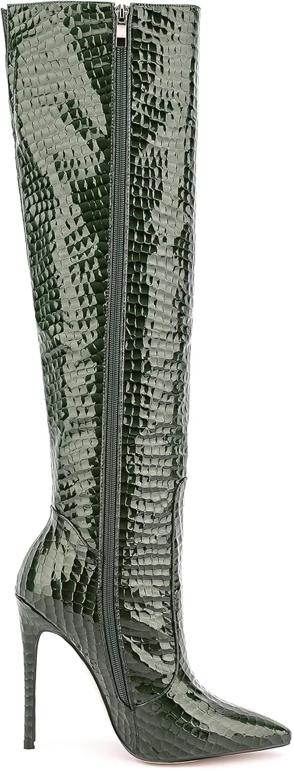 Women Fancy Patent Leather Pointed Toe Embossed Stiletto High Heeled Boots Knee High Side Zipper Boot