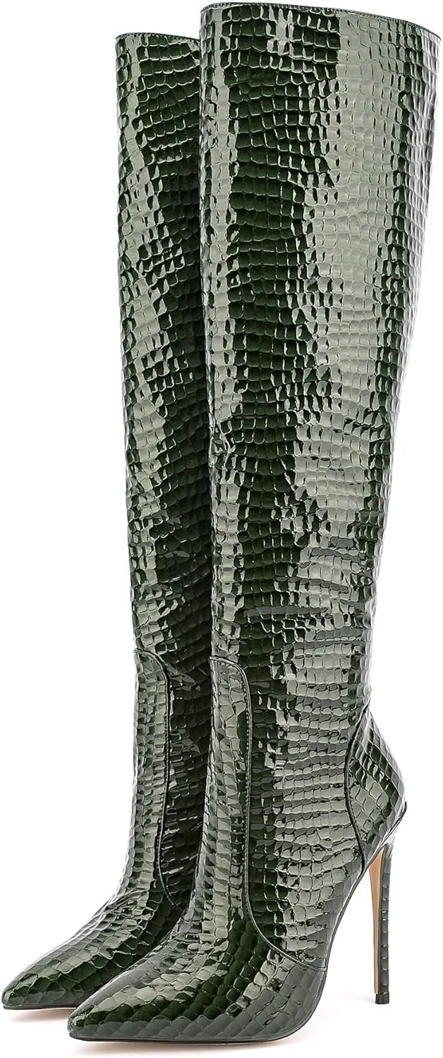Women Fancy Patent Leather Pointed Toe Embossed Stiletto High Heeled Boots Knee High Side Zipper Boot