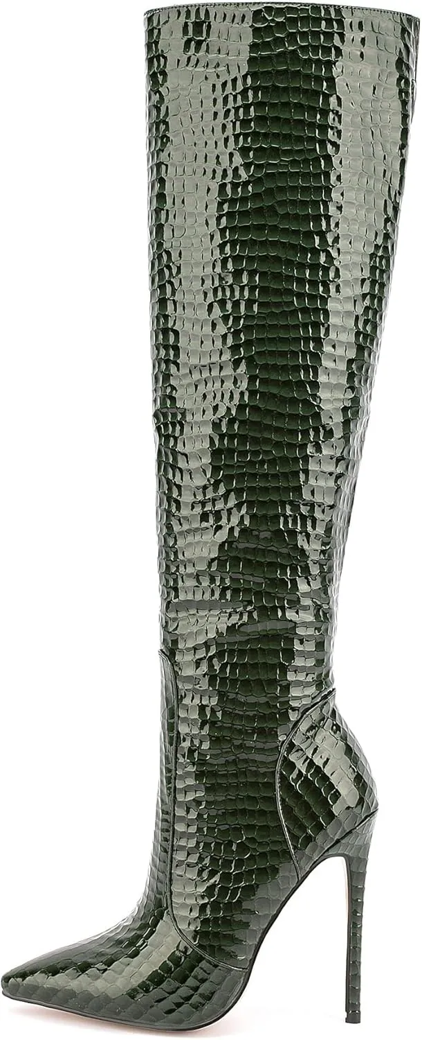 Women Fancy Patent Leather Pointed Toe Embossed Stiletto High Heeled Boots Knee High Side Zipper Boot