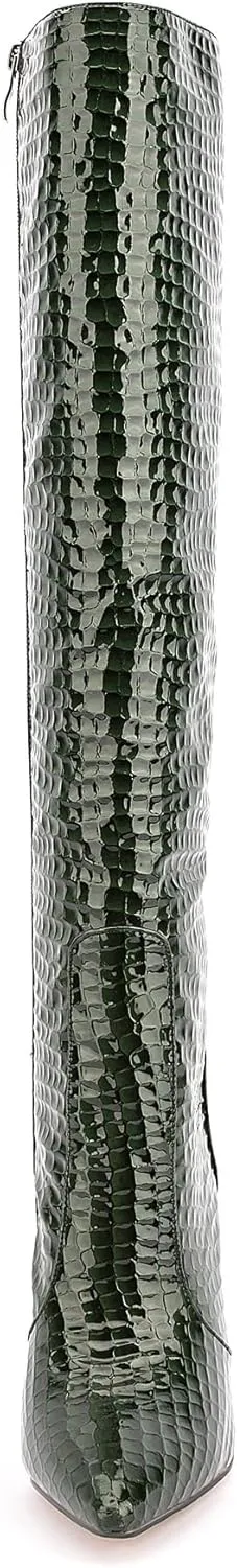 Women Fancy Patent Leather Pointed Toe Embossed Stiletto High Heeled Boots Knee High Side Zipper Boot
