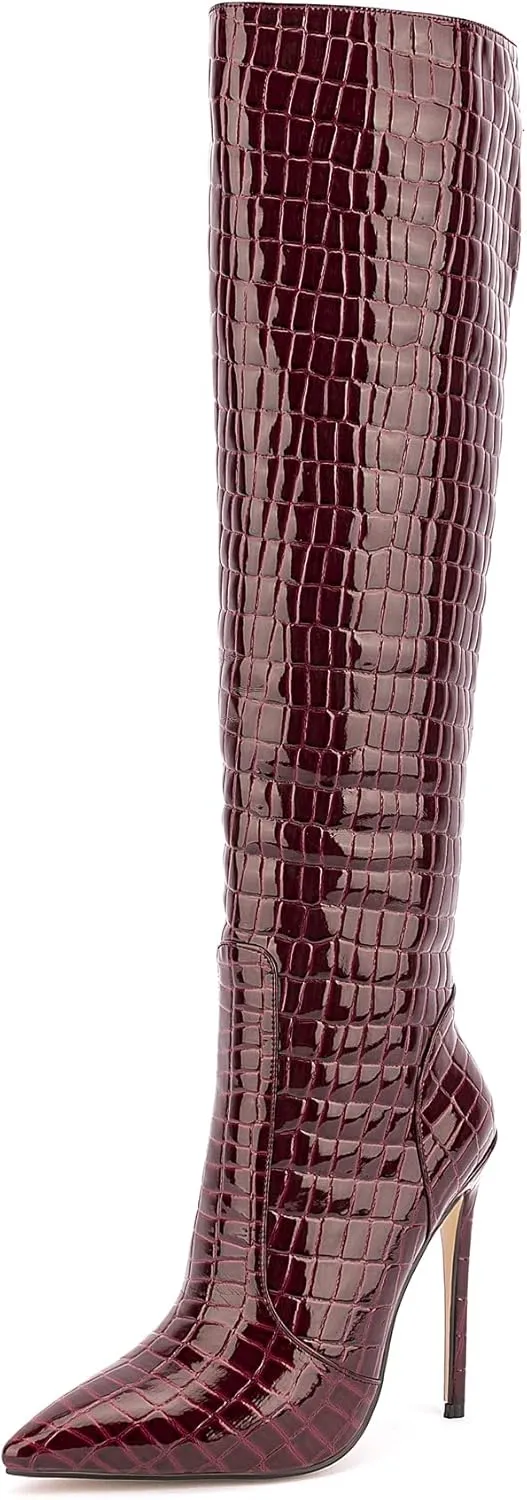Women Fancy Patent Leather Pointed Toe Embossed Stiletto High Heeled Boots Knee High Side Zipper Boot