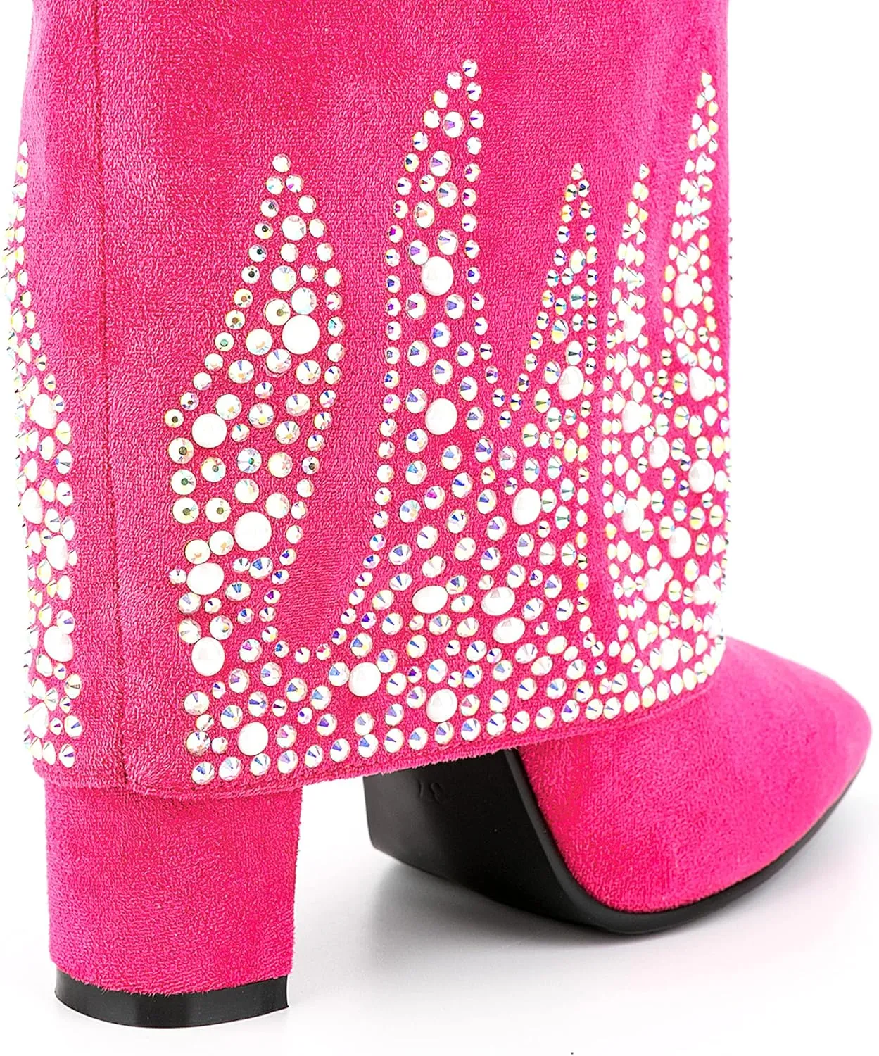 Women Fancy Vegan Suede Fold Rhinestone Block High Heel Pointed Toe Boots with Delicate Crystals and Beads