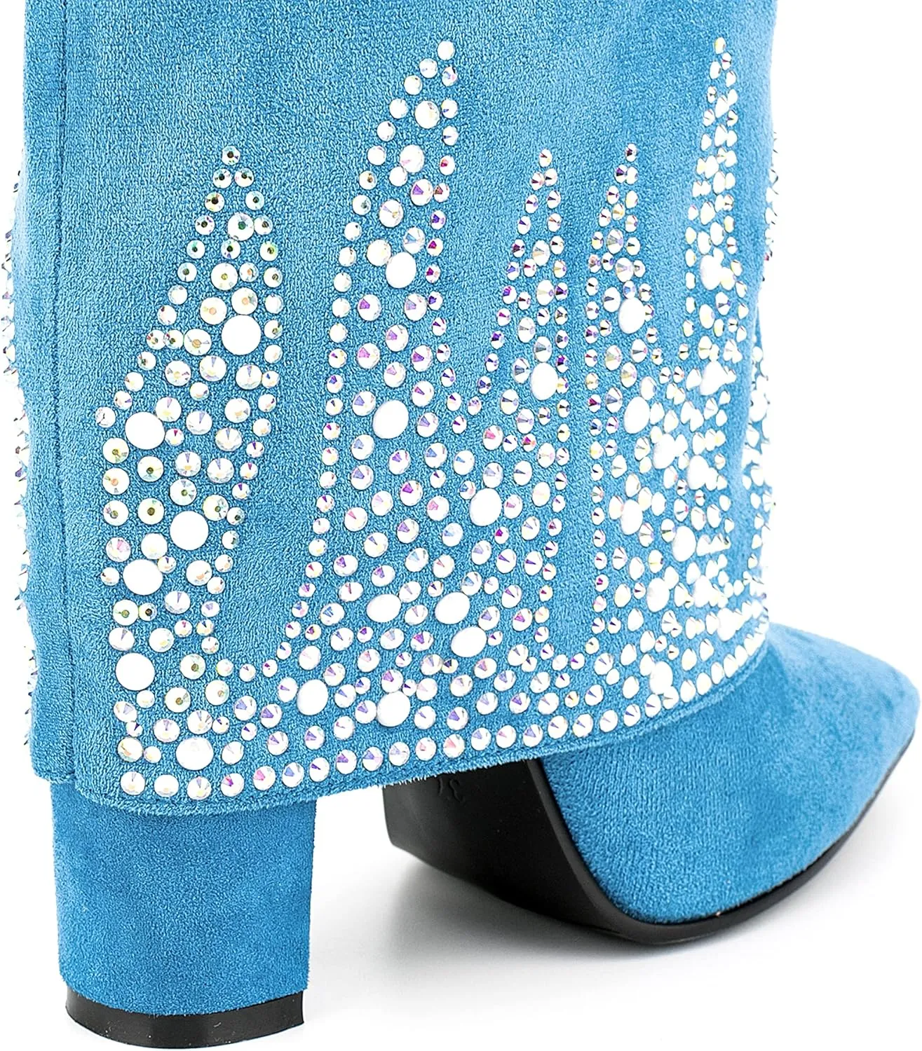 Women Fancy Vegan Suede Fold Rhinestone Block High Heel Pointed Toe Boots with Delicate Crystals and Beads