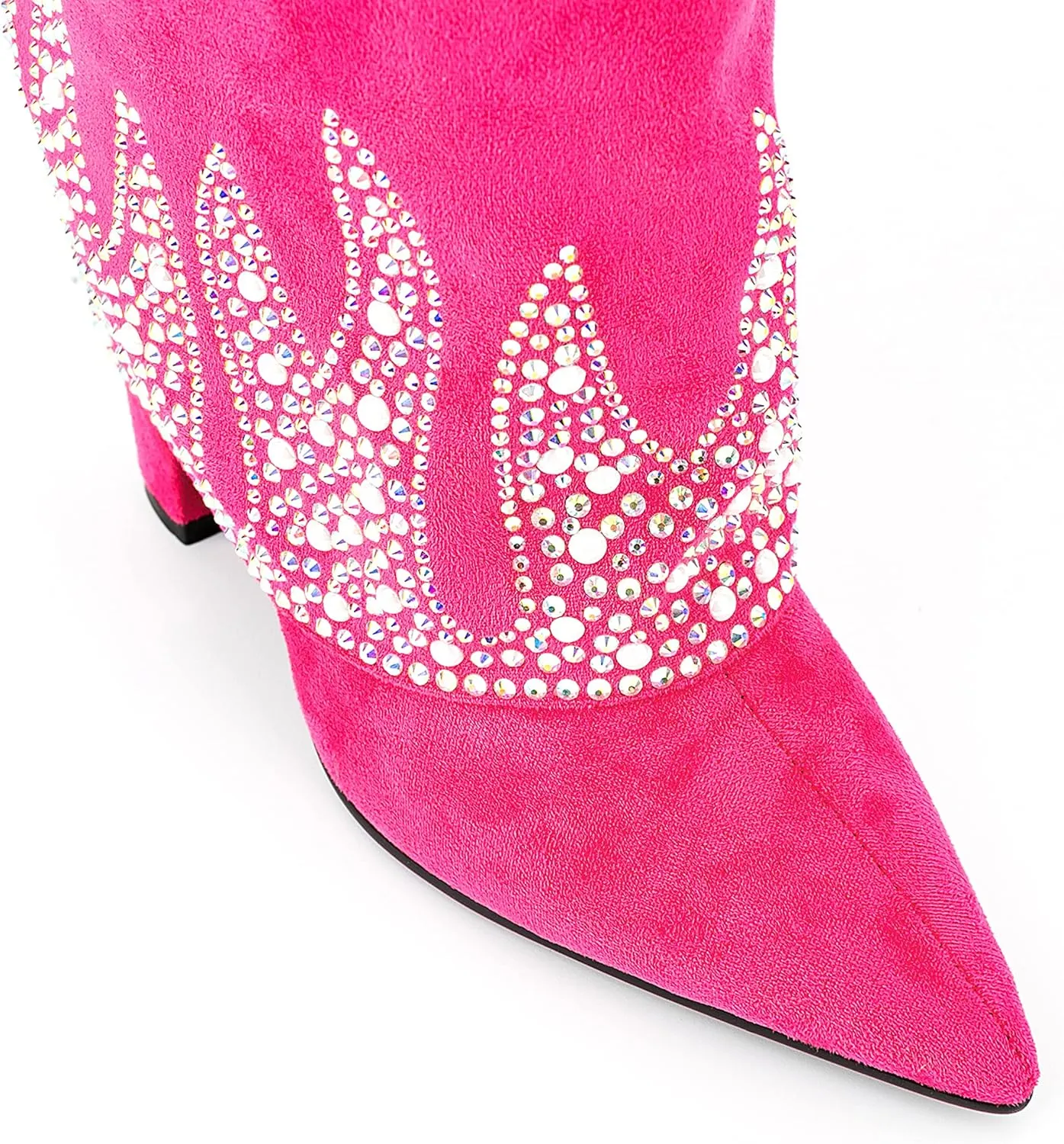 Women Fancy Vegan Suede Fold Rhinestone Block High Heel Pointed Toe Boots with Delicate Crystals and Beads