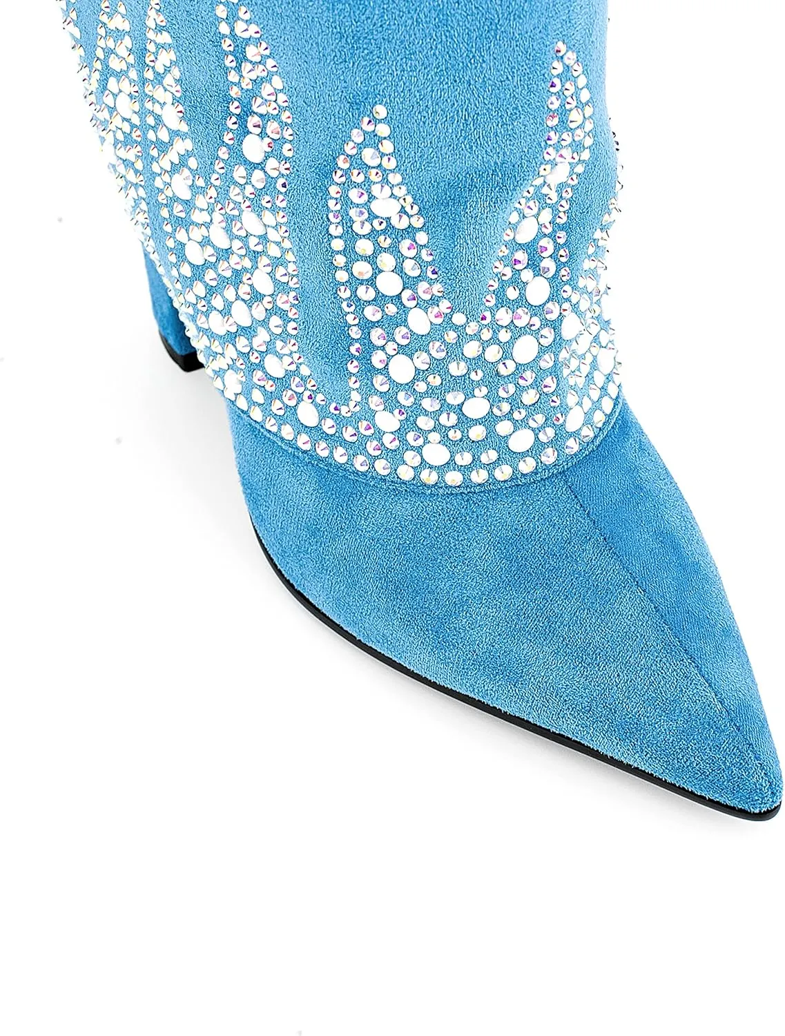 Women Fancy Vegan Suede Fold Rhinestone Block High Heel Pointed Toe Boots with Delicate Crystals and Beads