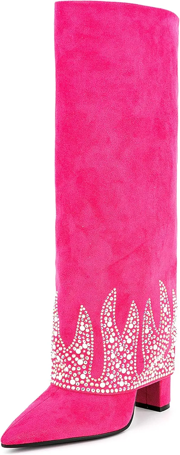 Women Fancy Vegan Suede Fold Rhinestone Block High Heel Pointed Toe Boots with Delicate Crystals and Beads